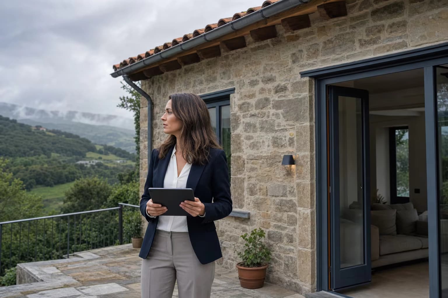 Profesional inmobiliaria revisando una vivienda de piedra entre las montañas de Asturias